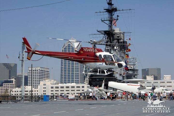 Helicopter landing on the Midway aircraft carrier.